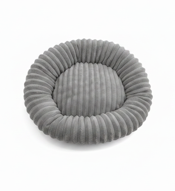 A round gray ribbed pet bed on a clean white background.