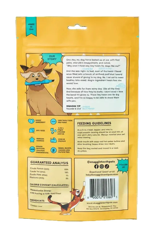 Yellow pet food package with text and illustrations on a white background