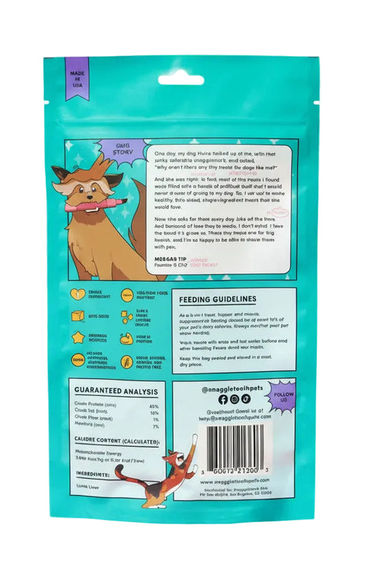 Back of a teal pet food package with cartoon dog illustrations