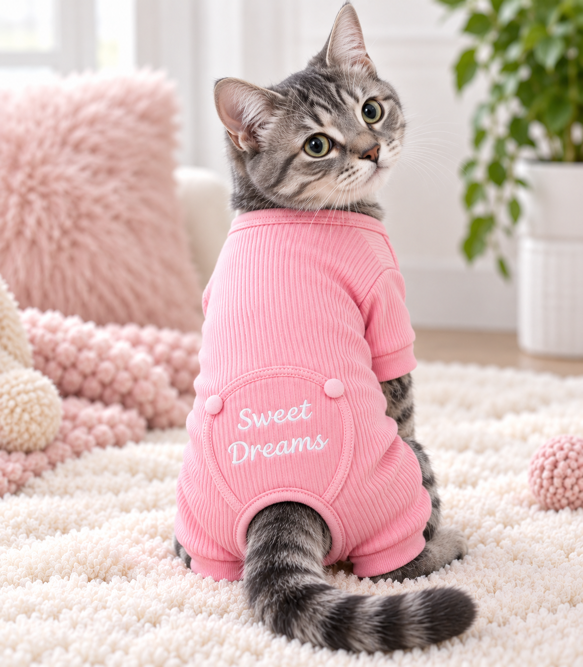 A gray tabby kitten wearing a pink ribbed pet jumpsuit with 'Sweet Dreams' embroidered on the back, sitting on a fluffy cream rug in a cozy room.