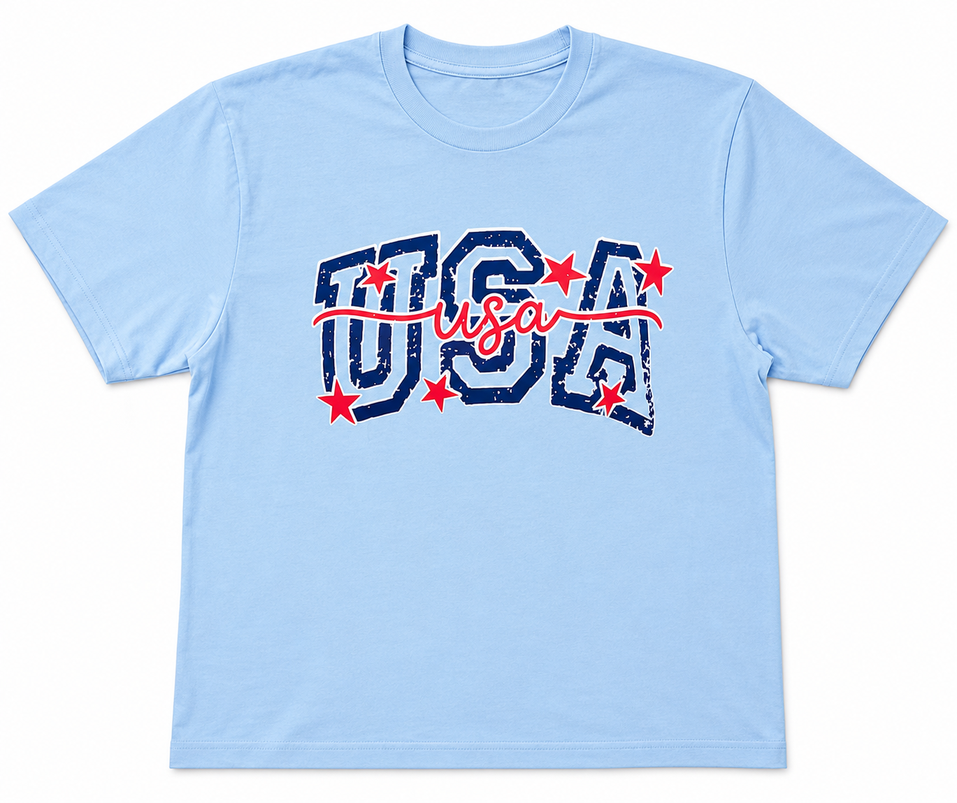 A light blue short-sleeve crewneck t-shirt featuring a distressed 'USA' graphic on the chest in navy blue with red stars and a red script 'USA' underneath.