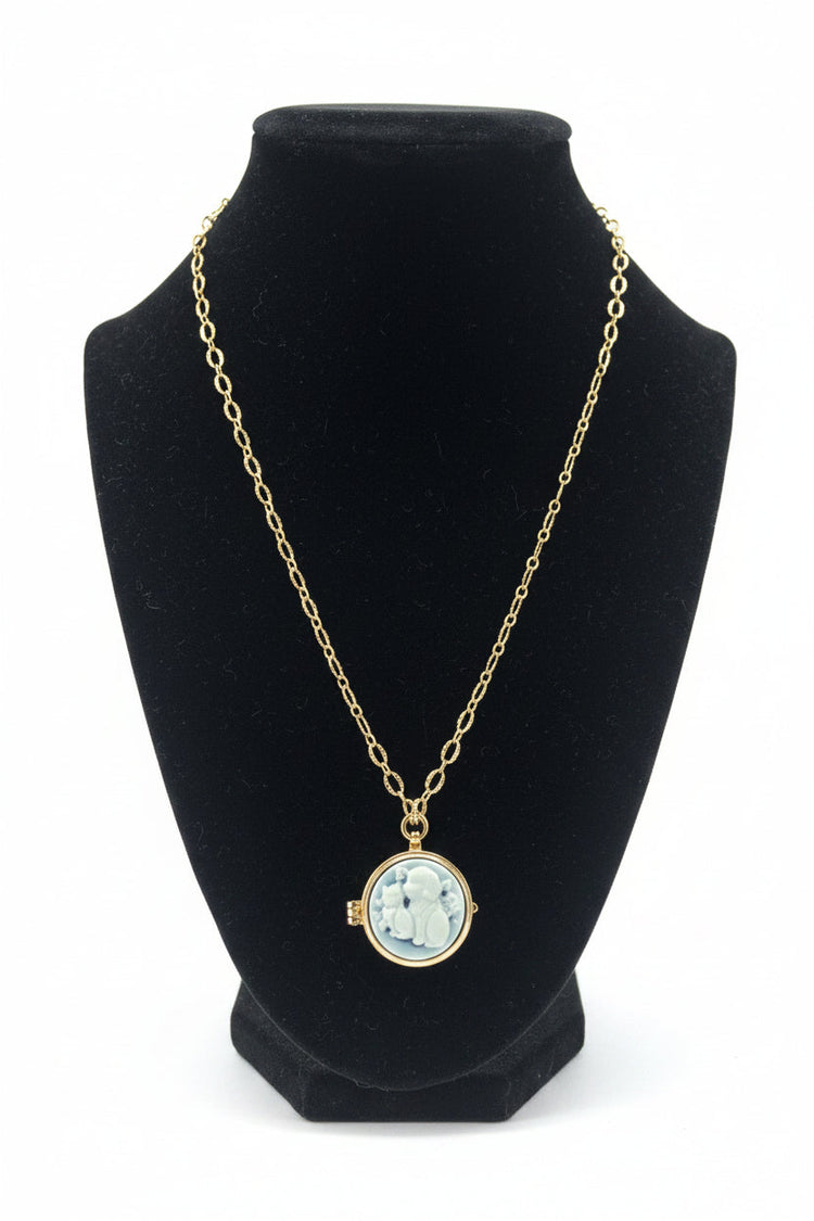 Gold chain with a cat/dog locket on a black neck cushion