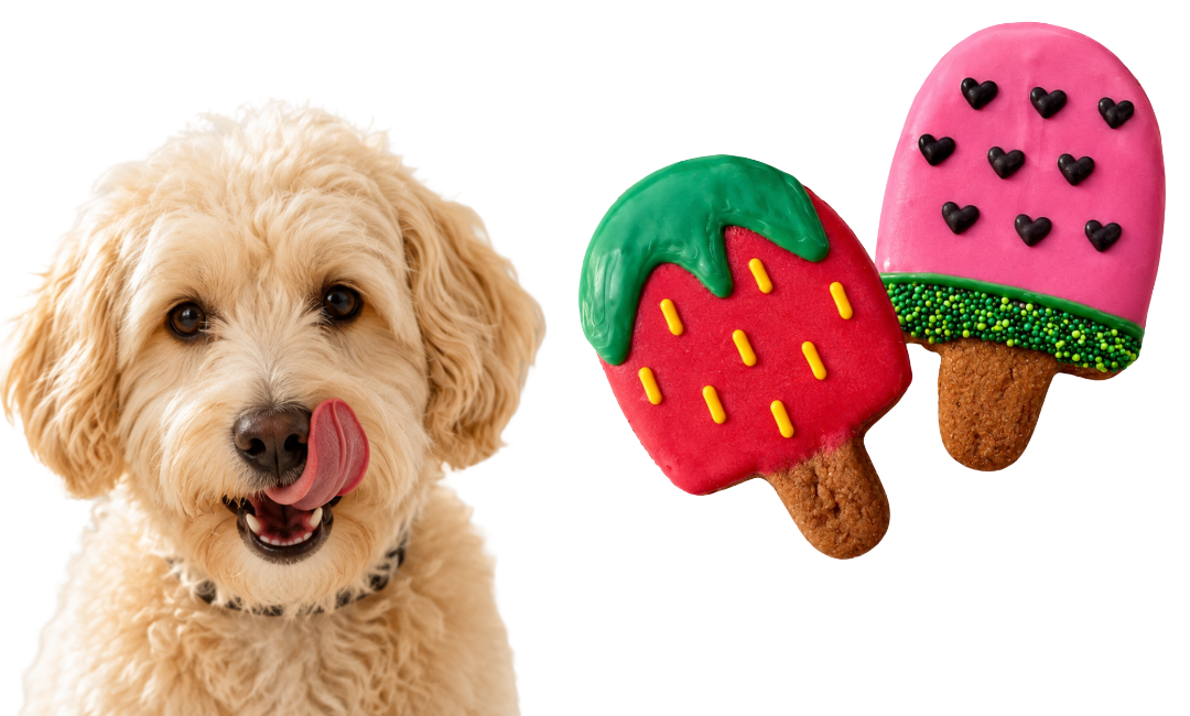 two cute dog cookies decorated like strawberry and watermelon popsiclels