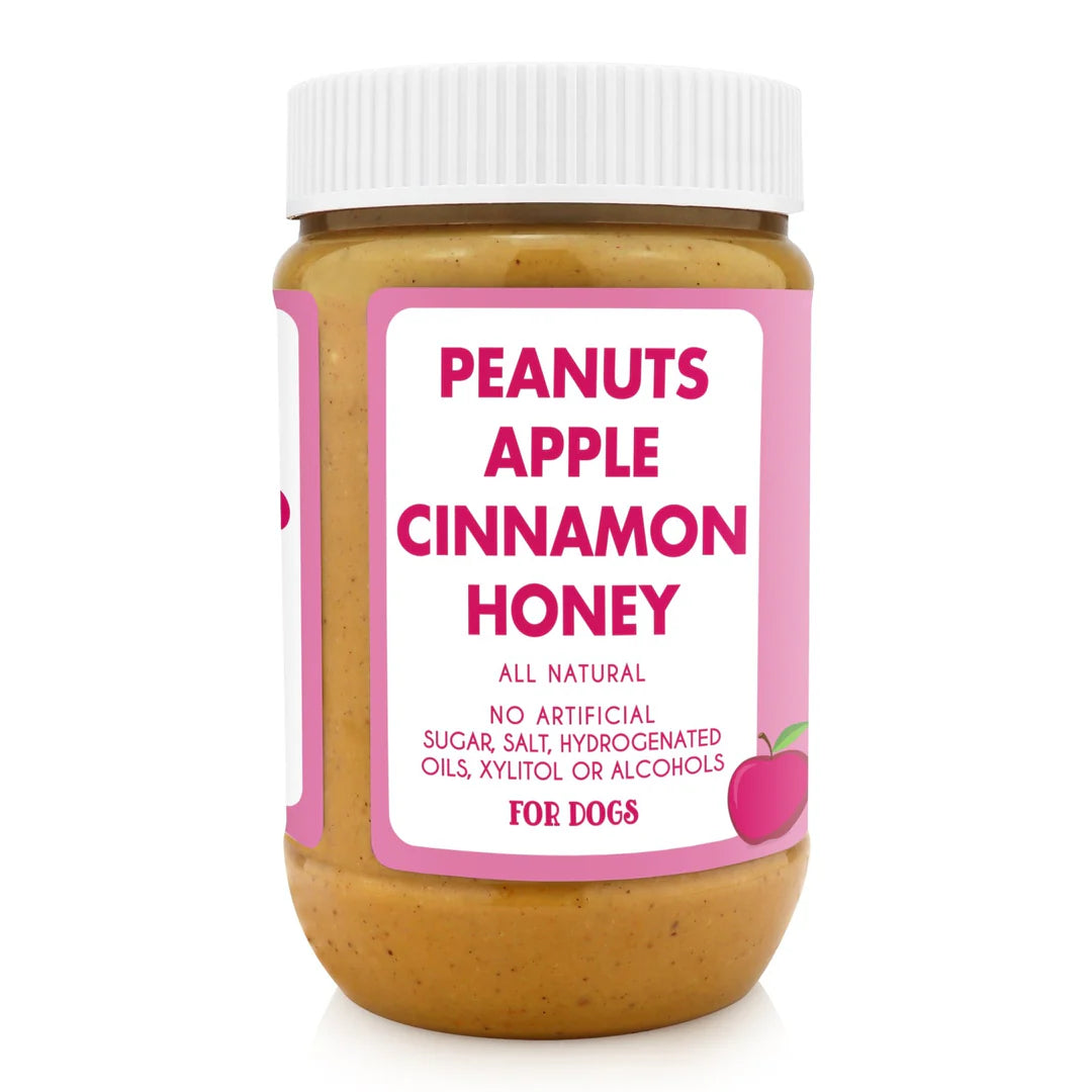 Jar of peanut butter with a label indicating ingredients for dogs 