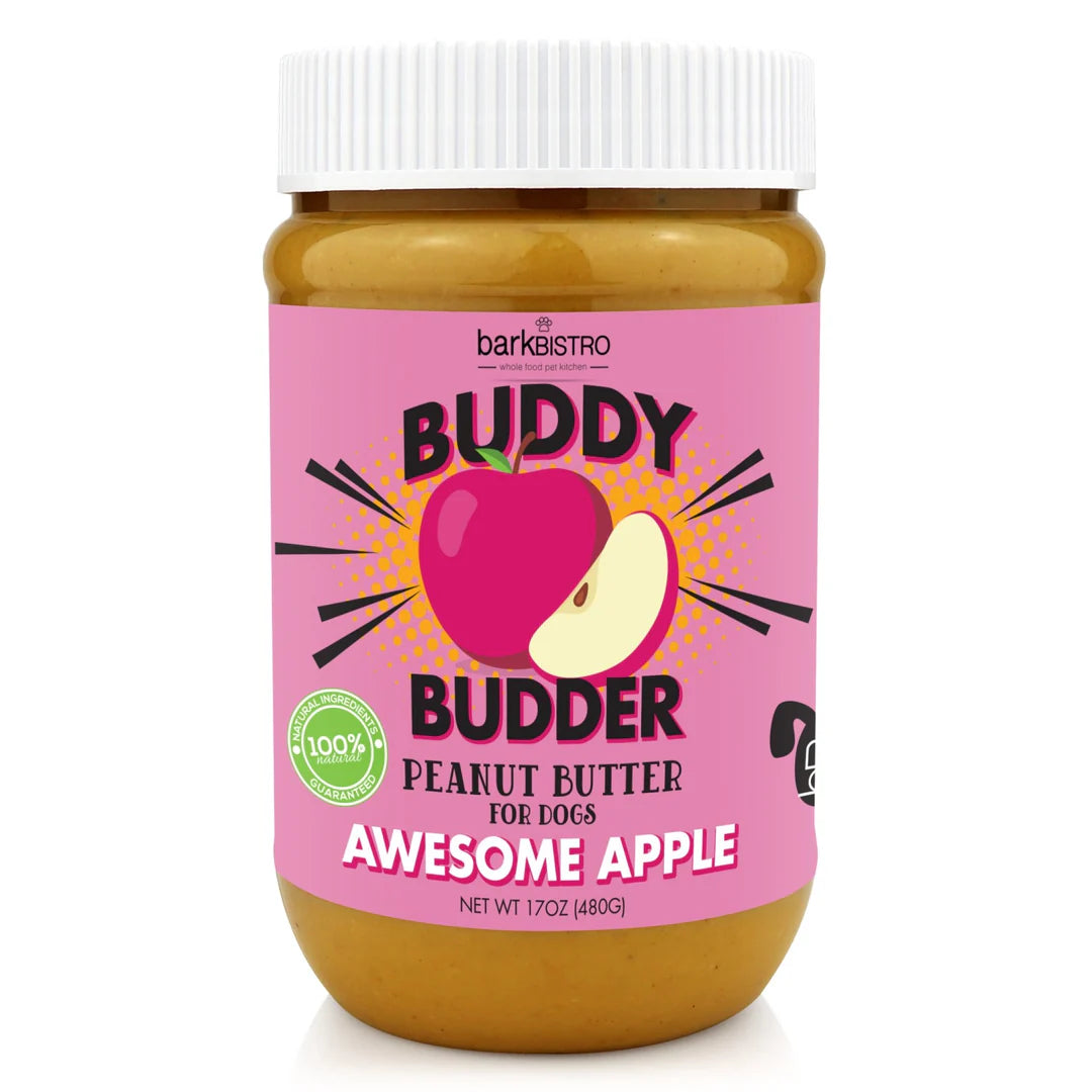 Jar of 'Buddy Budder' Awesome Apple peanut butter for dogs on a white background
