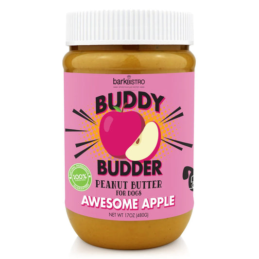 Jar of 'Buddy Budder' Awesome Apple peanut butter for dogs on a white background