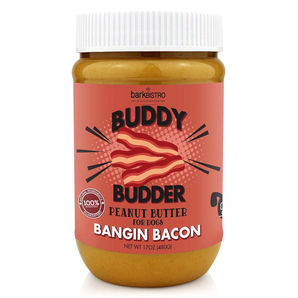 Jar of Buddy Budder Peanut Butter for dogs with bacon flavor