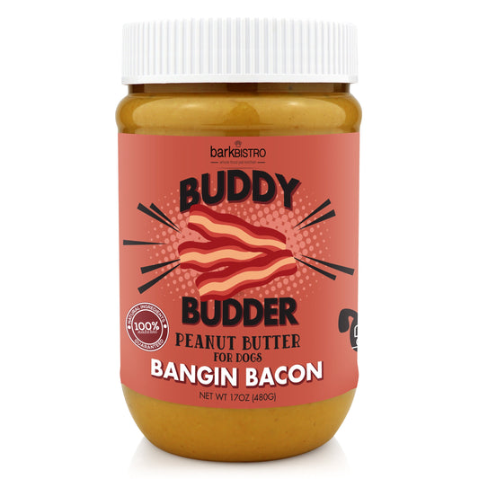 Jar of Buddy Budder Peanut Butter for dogs with bacon flavor