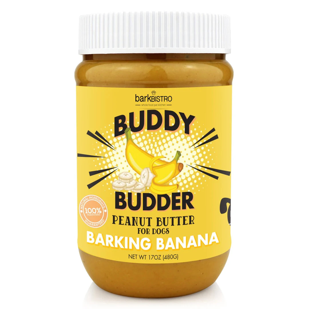 Jar of Buddy Budder peanut butter for dogs with a banana flavor