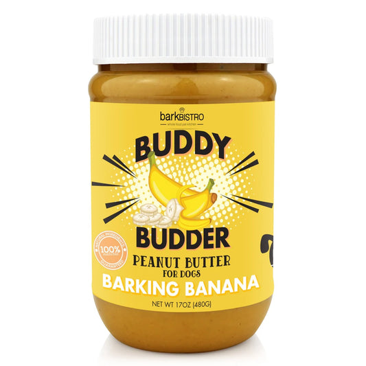 Jar of Buddy Budder peanut butter for dogs with a banana flavor
