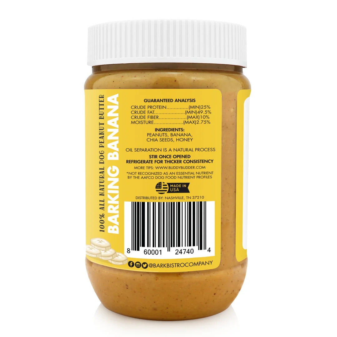 Jar of Barking Banana peanut butter with a yellow label, with ingredients 