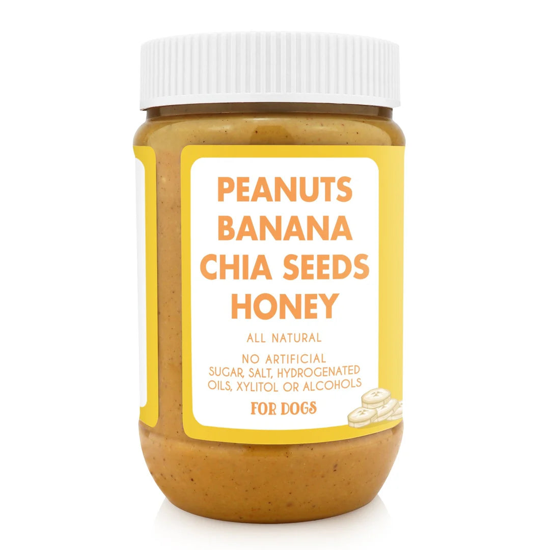 Jar of peanut butter with banana, chia seeds, and honey for dogs 