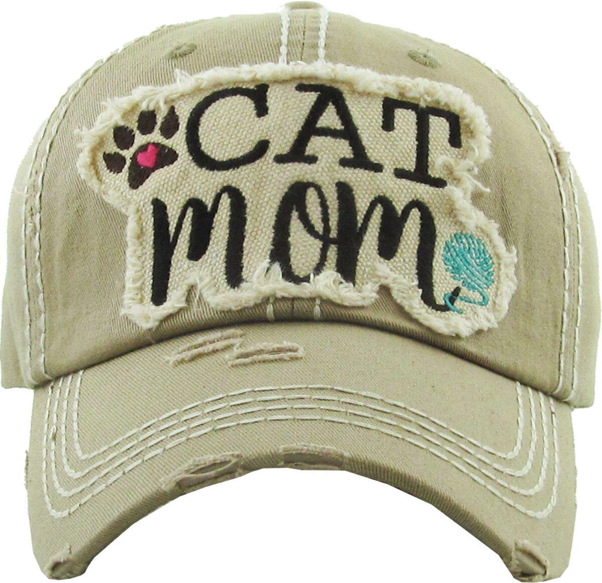 Beige cap with 'CAT MOM' patch on