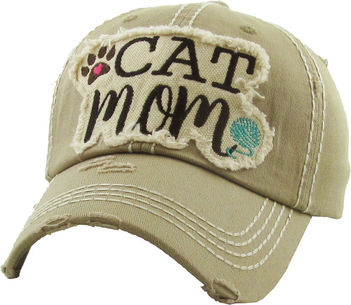 Beige cap with 'CAT mom' text and paw prints 
