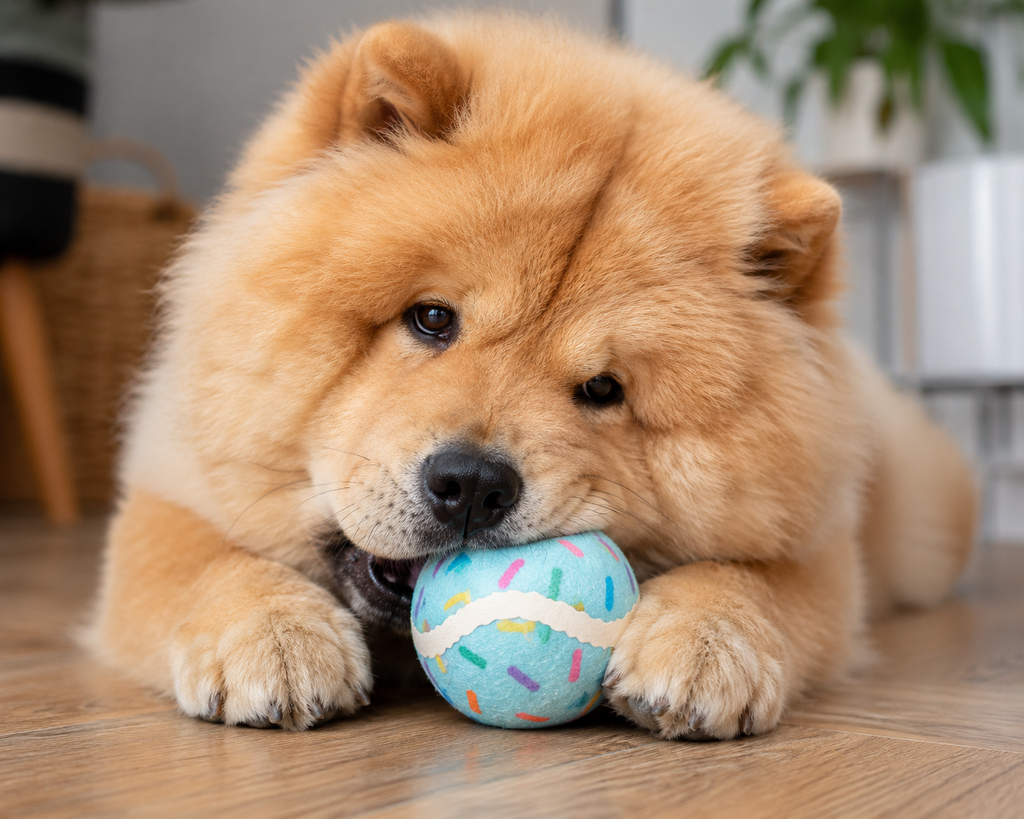 A fluffy golden Chow Chow puppy lying on a wooden floor and chewing on a light blue ball with multicolored sprinkles.