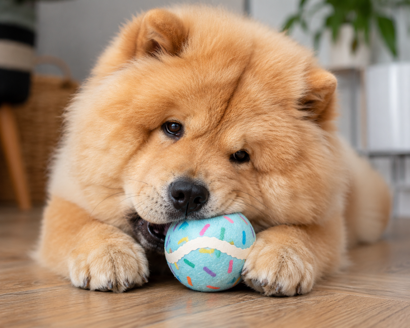 A fluffy golden Chow Chow puppy lying on a wooden floor and chewing on a light blue ball with multicolored sprinkles.