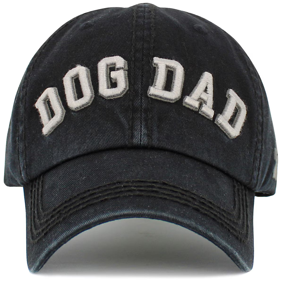 Black cap with 'DOG DAD' text on a white background