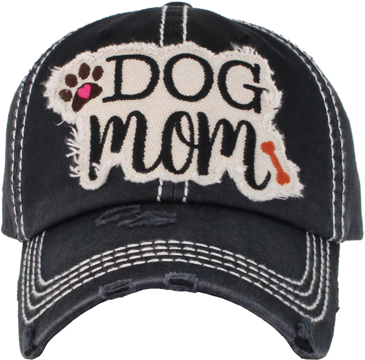 Black cap with 'Dog Mom' text and paw prints on a white background