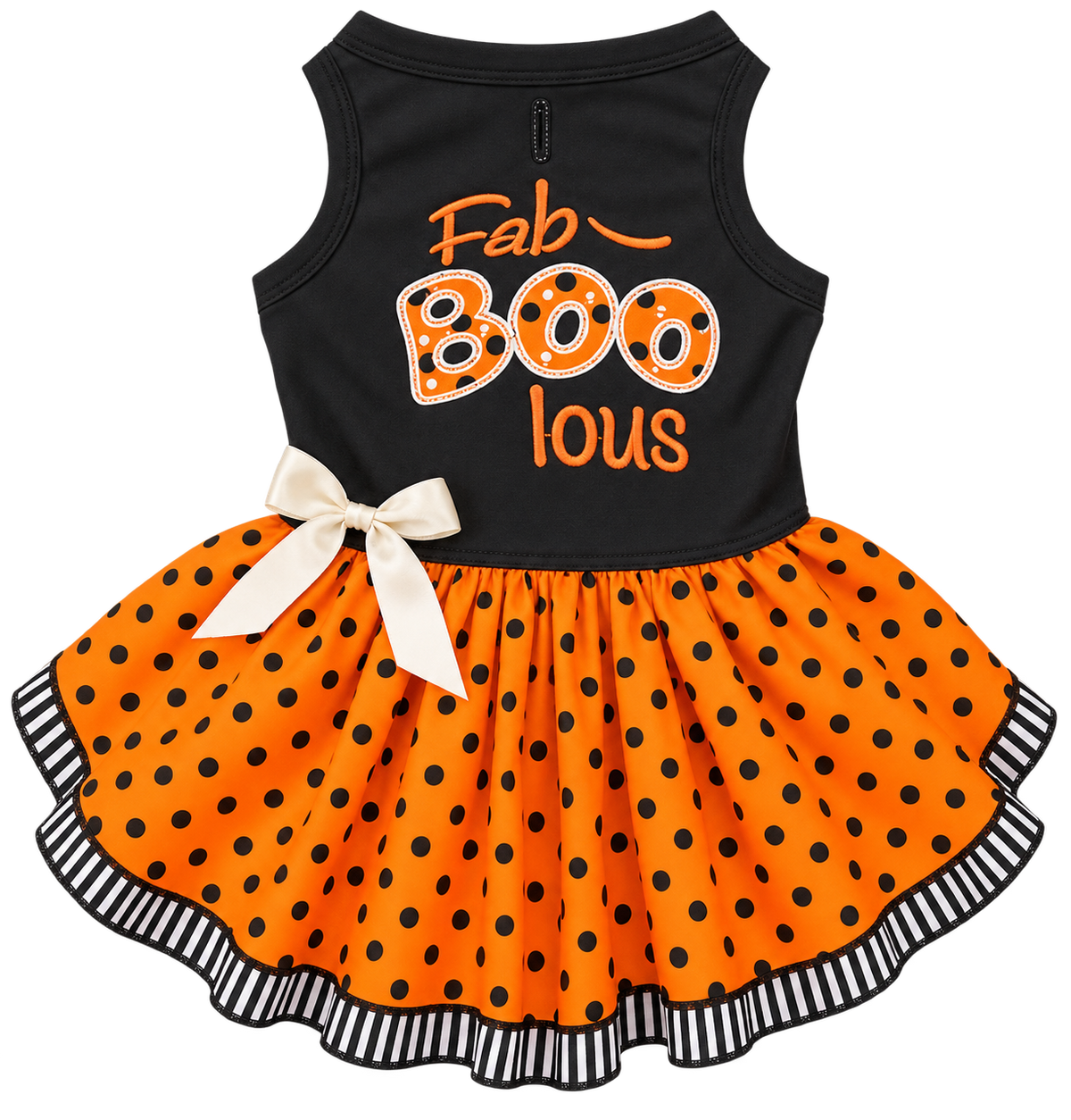 A black, orange and white Halloween dog dress that says Fab-boo lous