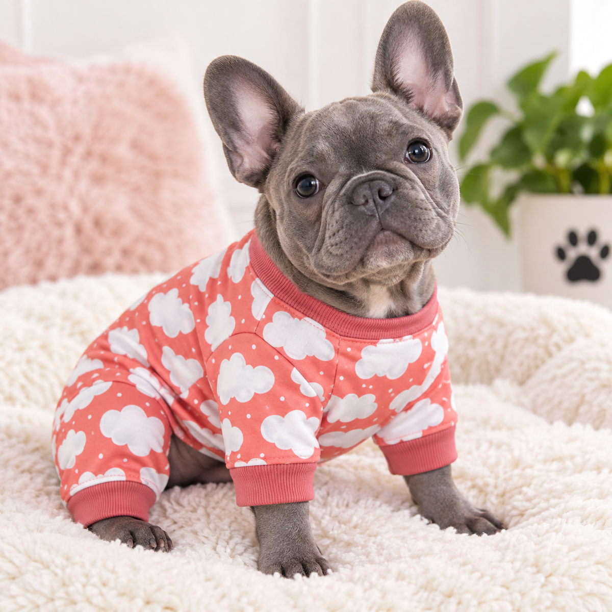 A gray French Bulldog wearing a pink and white cloud-patterned pet pajama top, sitting on a fluffy cream blanket in a cozy indoor setting.