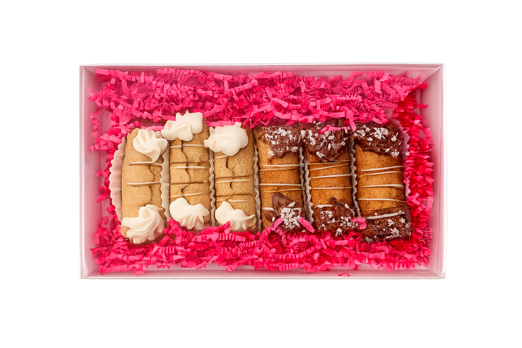 A boxed assortment of assorted vanilla and carob Grr-nolis 