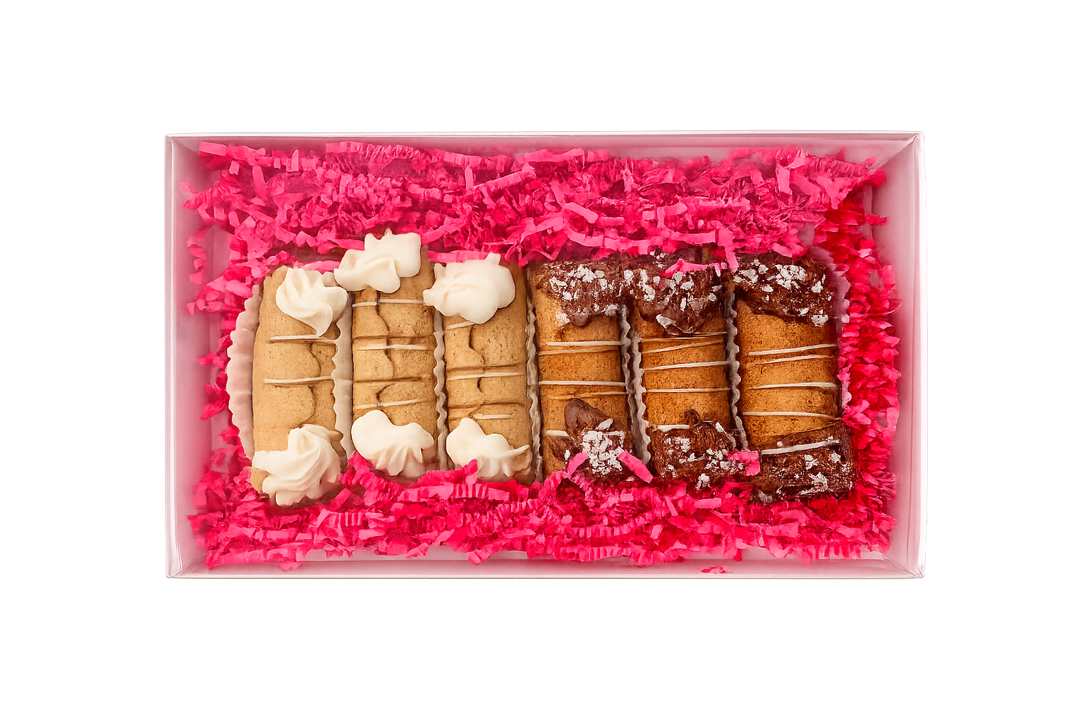A boxed assortment of assorted vanilla and carob Grr-nolis 