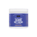 A white plastic jar of Natural Rapport Calming Soft Chews for dogs, featuring a blue label with white text, centered on a solid blue background.