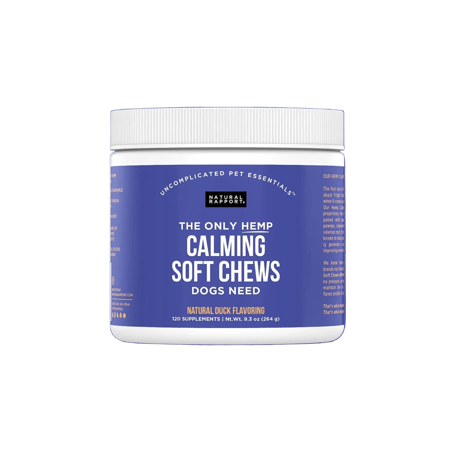 A white plastic jar of Natural Rapport Calming Soft Chews for dogs, featuring a blue label with white text, centered on a solid blue background.