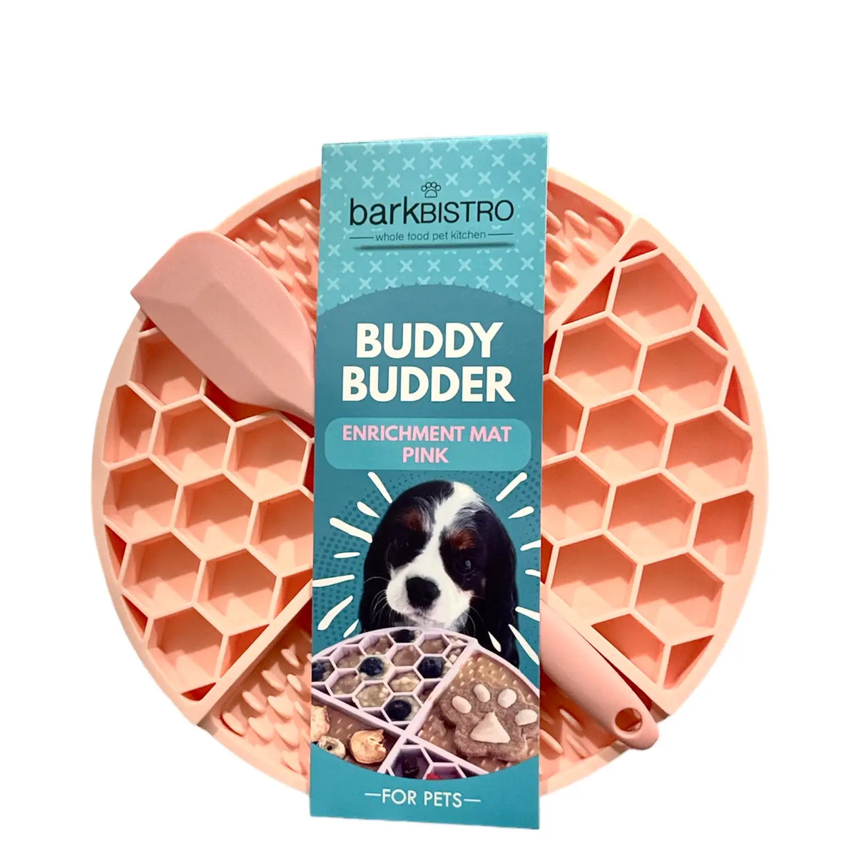 Pink honeycomb enrichment mat with 'barkbistro' packaging