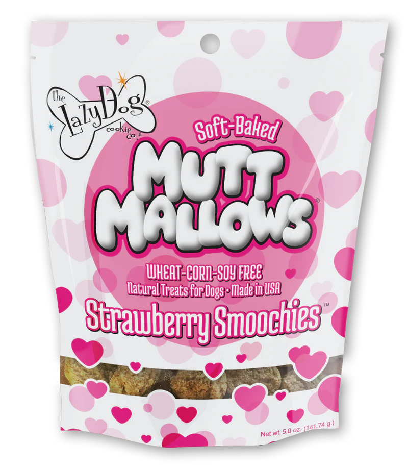 Package of Lazy Dog Mutt Mallows Strawberry Smoochies dog treats with pink hearts on a white background