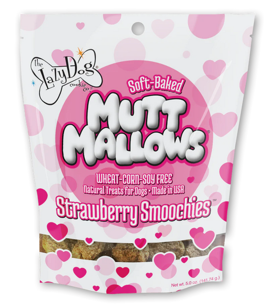 Package of Lazy Dog Mutt Mallows Strawberry Smoochies dog treats with pink hearts on a white background
