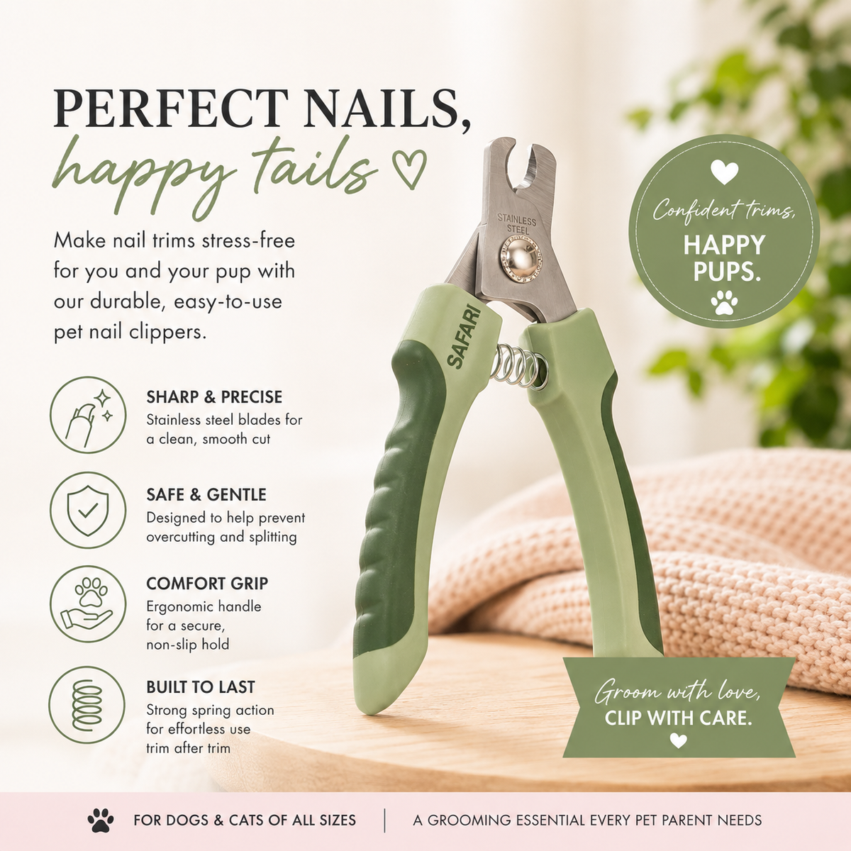 Safari pet nail clippers with sage green handles and silver stainless steel blades, displayed with promotional text and icons on a light background.