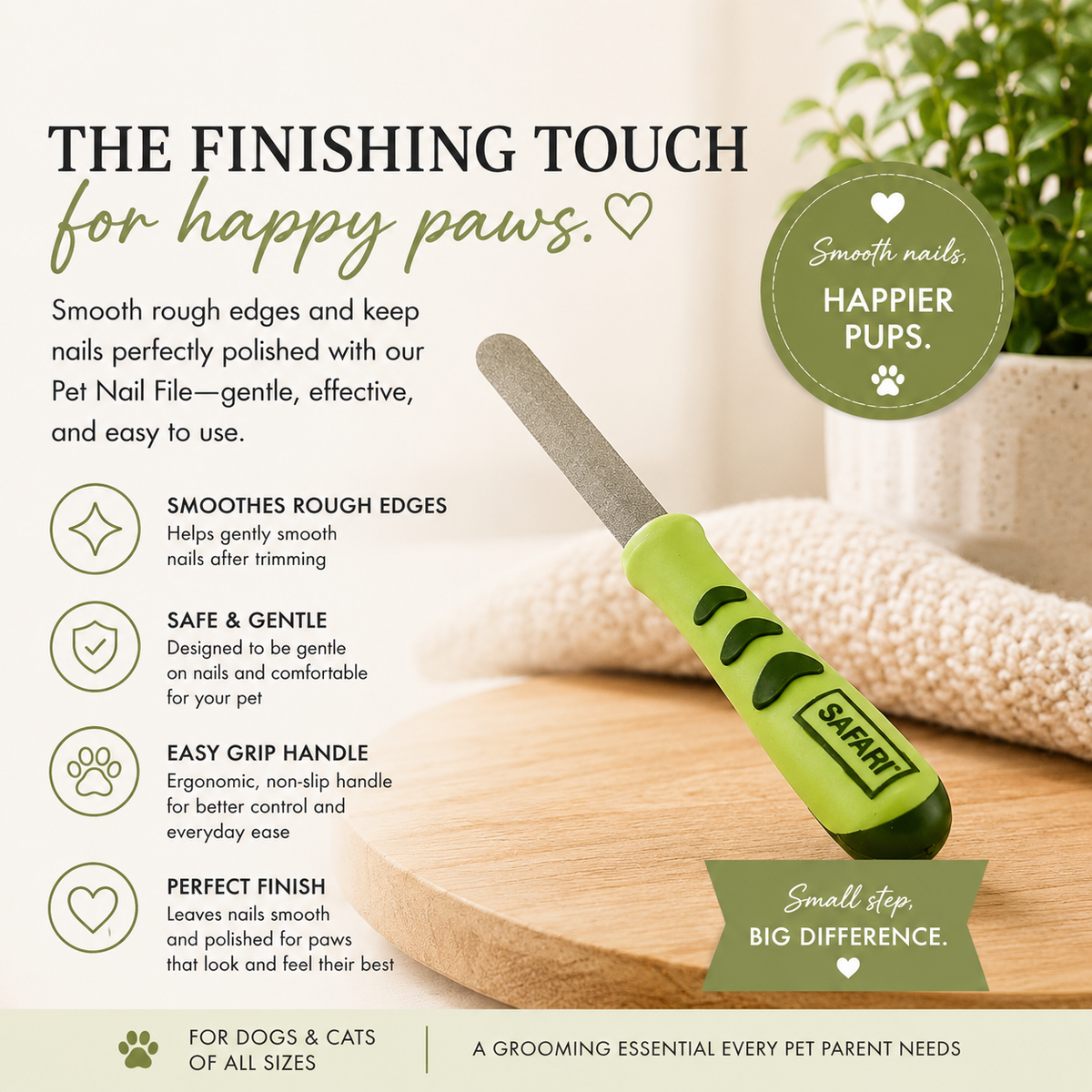 A pet nail file branded SAFARI featuring a lime green ergonomic handle and a silver metal blade, displayed on a wooden surface. The image includes marketing text highlighting the product's features for dogs and cats.