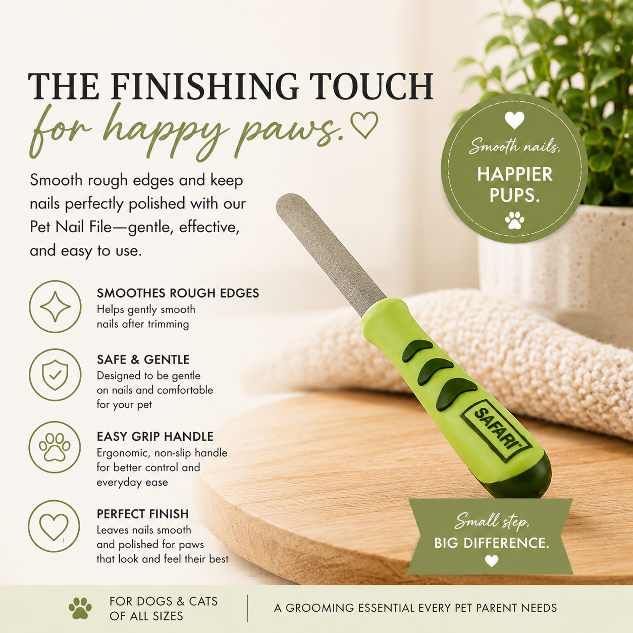 A pet nail file branded SAFARI featuring a lime green ergonomic handle and a silver metal blade, displayed on a wooden surface. The image includes marketing text highlighting the product's features for dogs and cats.