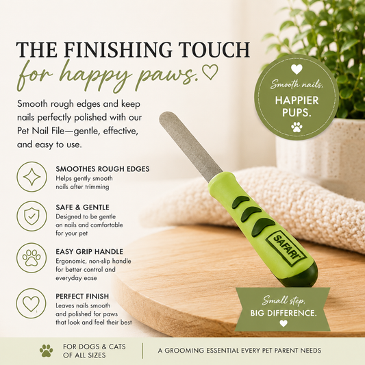 A pet nail file branded SAFARI featuring a lime green ergonomic handle and a silver metal blade, displayed on a wooden surface. The image includes marketing text highlighting the product's features for dogs and cats.