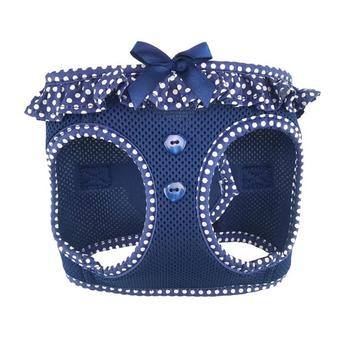 Blue pet dress with white polka dots and a bow on a white background