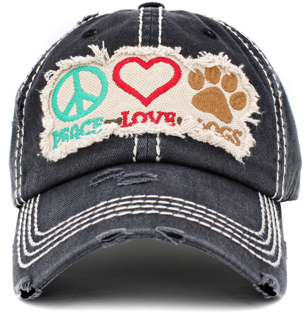 Black cap with peace, love, and paw design on a white background