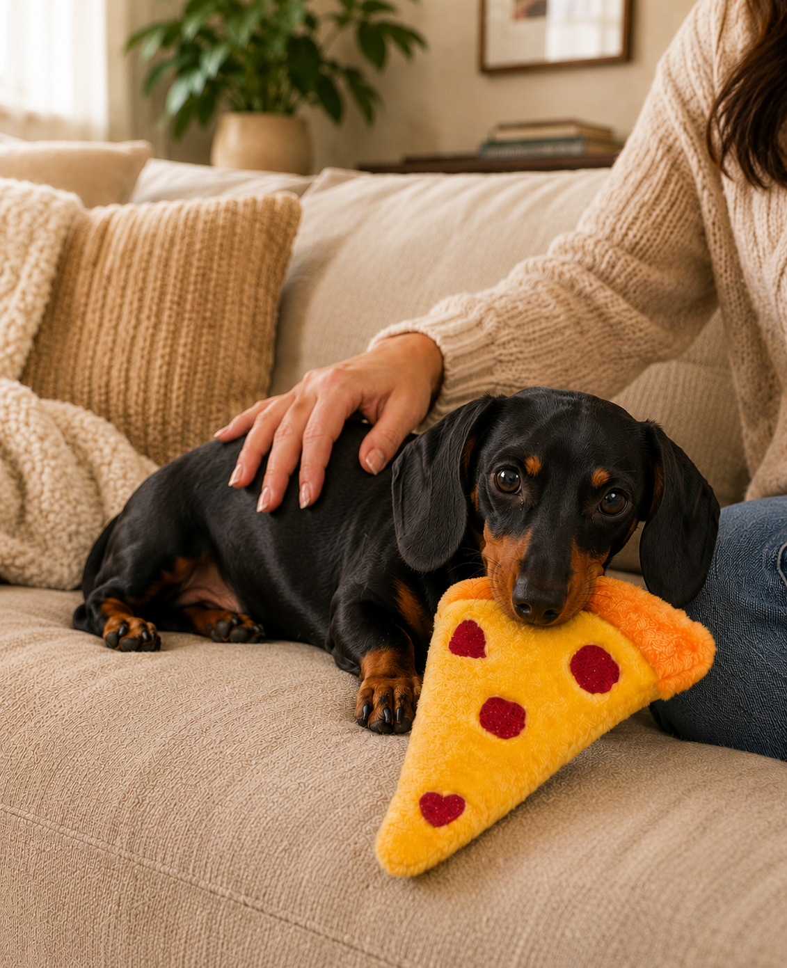 A black and tan dachshund lies on a beige couch while a person in a cream sweater pets it. The dog is holding a plush pizza slice toy in its mouth.