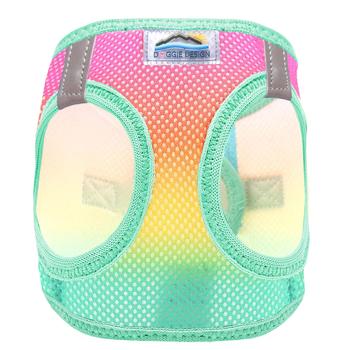 Colorful pet harness with a gradient design on a white background