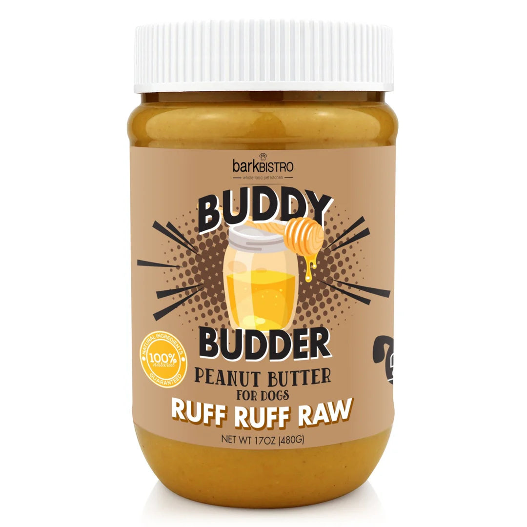 Jar of Buddy Budder peanut butter for dogs