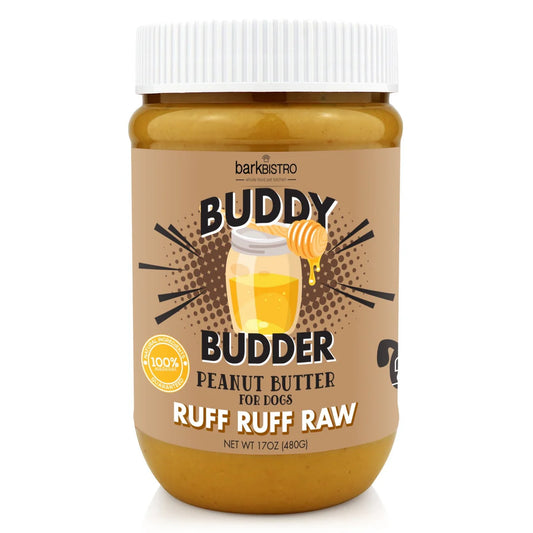 Jar of Buddy Budder peanut butter for dogs