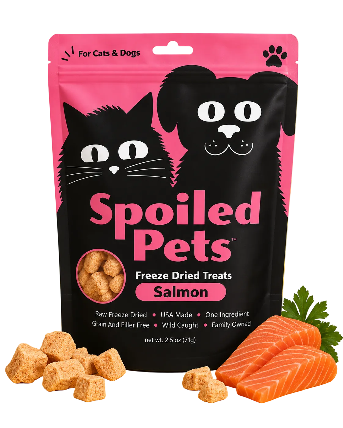 Spoiled Pets Freeze Dried Treats Salmon pouch in pink and black packaging, shown with salmon fillets and dried salmon treats on a white background.