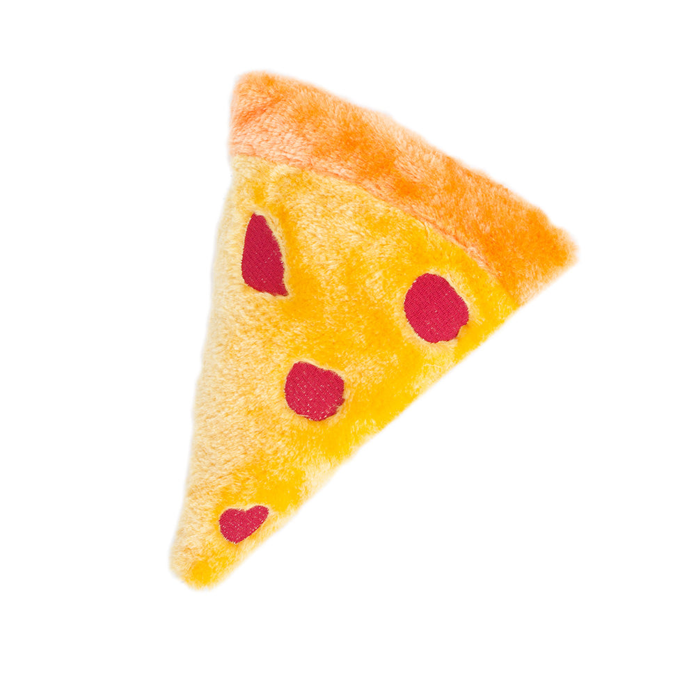 Squeaky toy resembling a slice of pizza with cheese and red spots on a white background