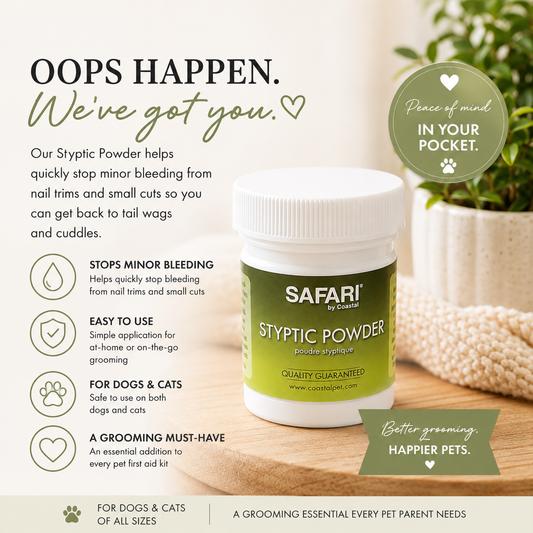 Safari Stypic Powder pet first aid kit bottle shown on a wooden surface with promotional text, icons, and a soft home background