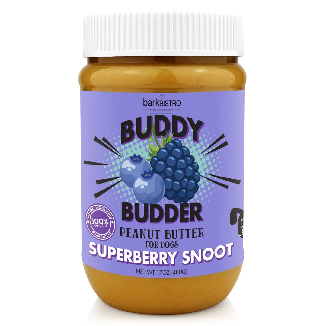 Jar of Buddy Budder Superberry Snoot peanut butter for dogs