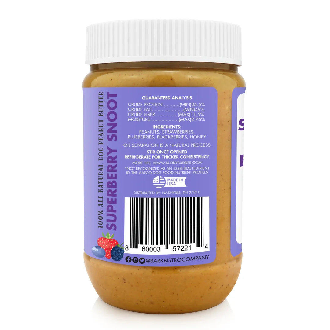 Jar of Superberry Snoot peanut butter with a purple label