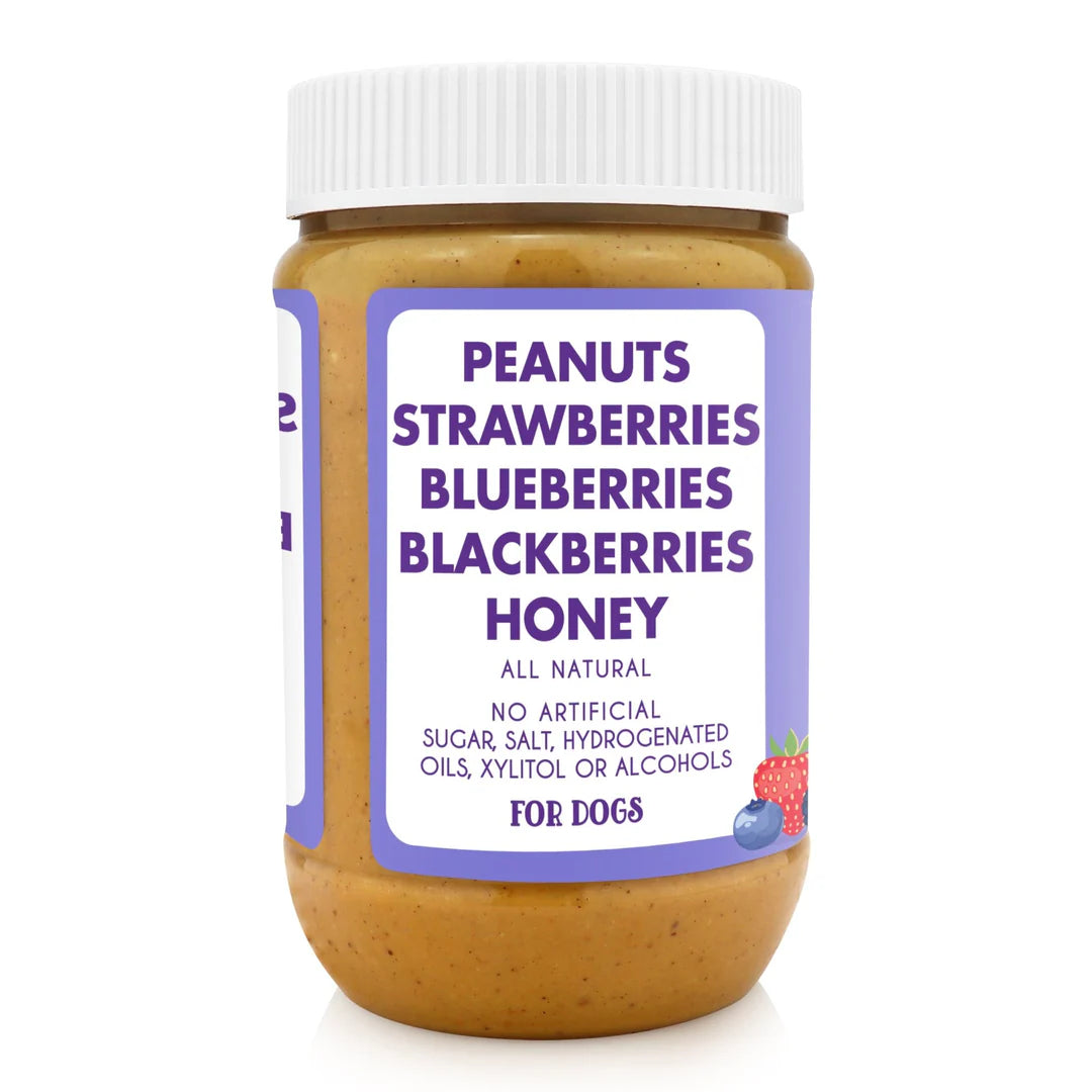 Jar of peanut butter with a label listing ingredients for dogs