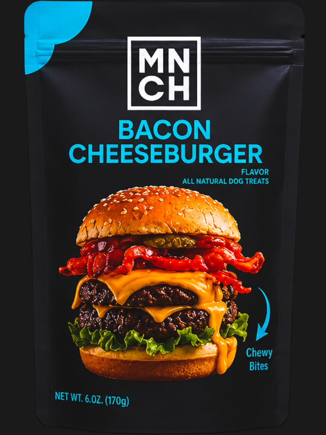 A stand-up pouch of MNCH Bacon Cheeseburger flavor all natural dog treats, featuring a large cheeseburger graphic on a black background with bright blue text and a blue tab at the top left.