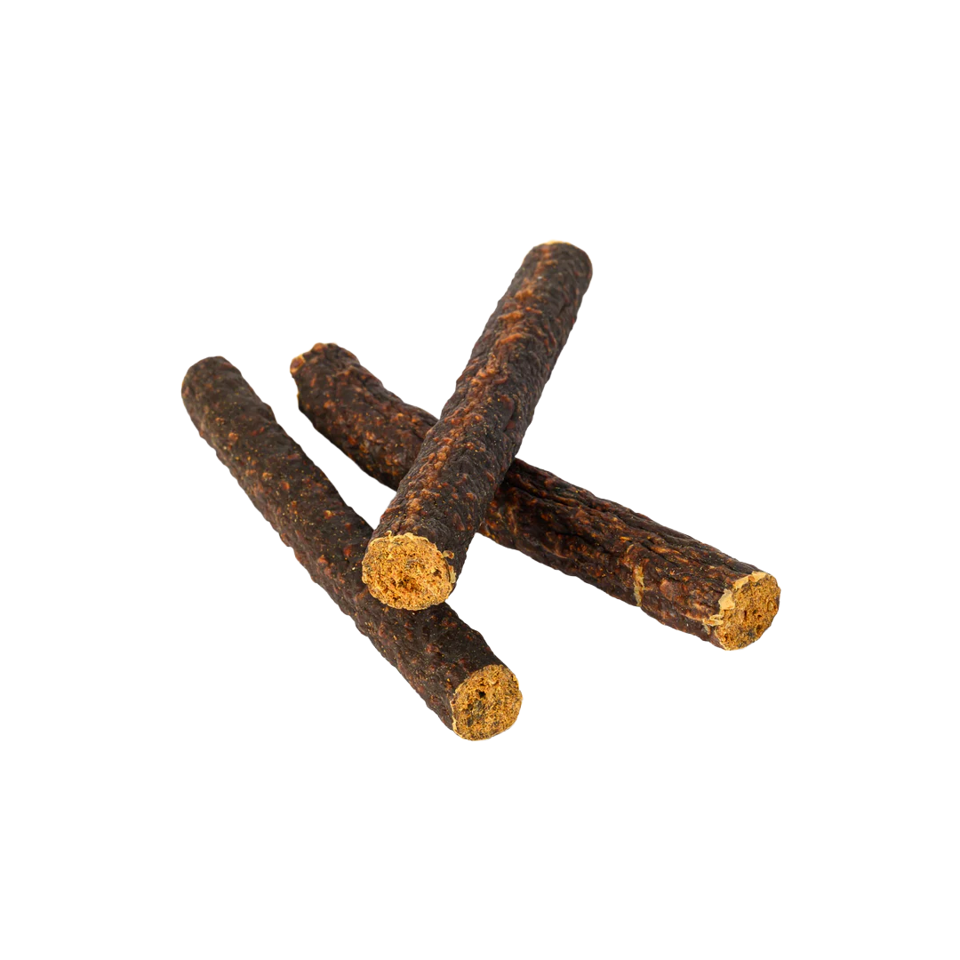 Three venison sausages on a white background