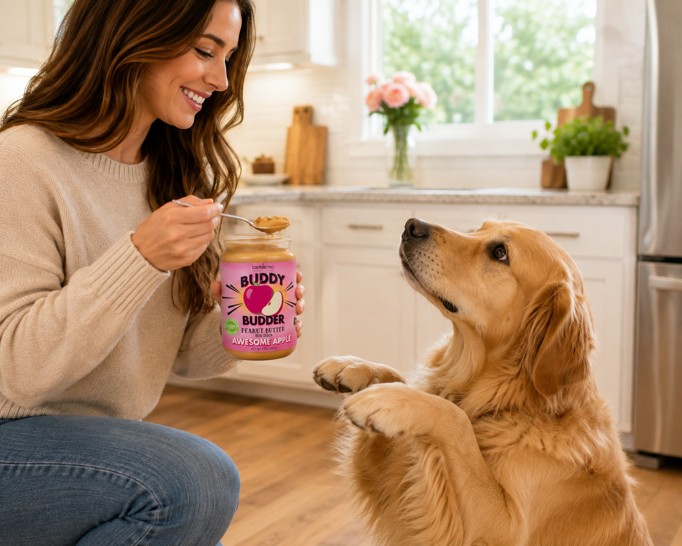 A woman kneels on a wooden floor in a bright kitchen, offering a spoonful of Awesome Apple Buddy Budder to a golden retriever dog standing on its hind legs.